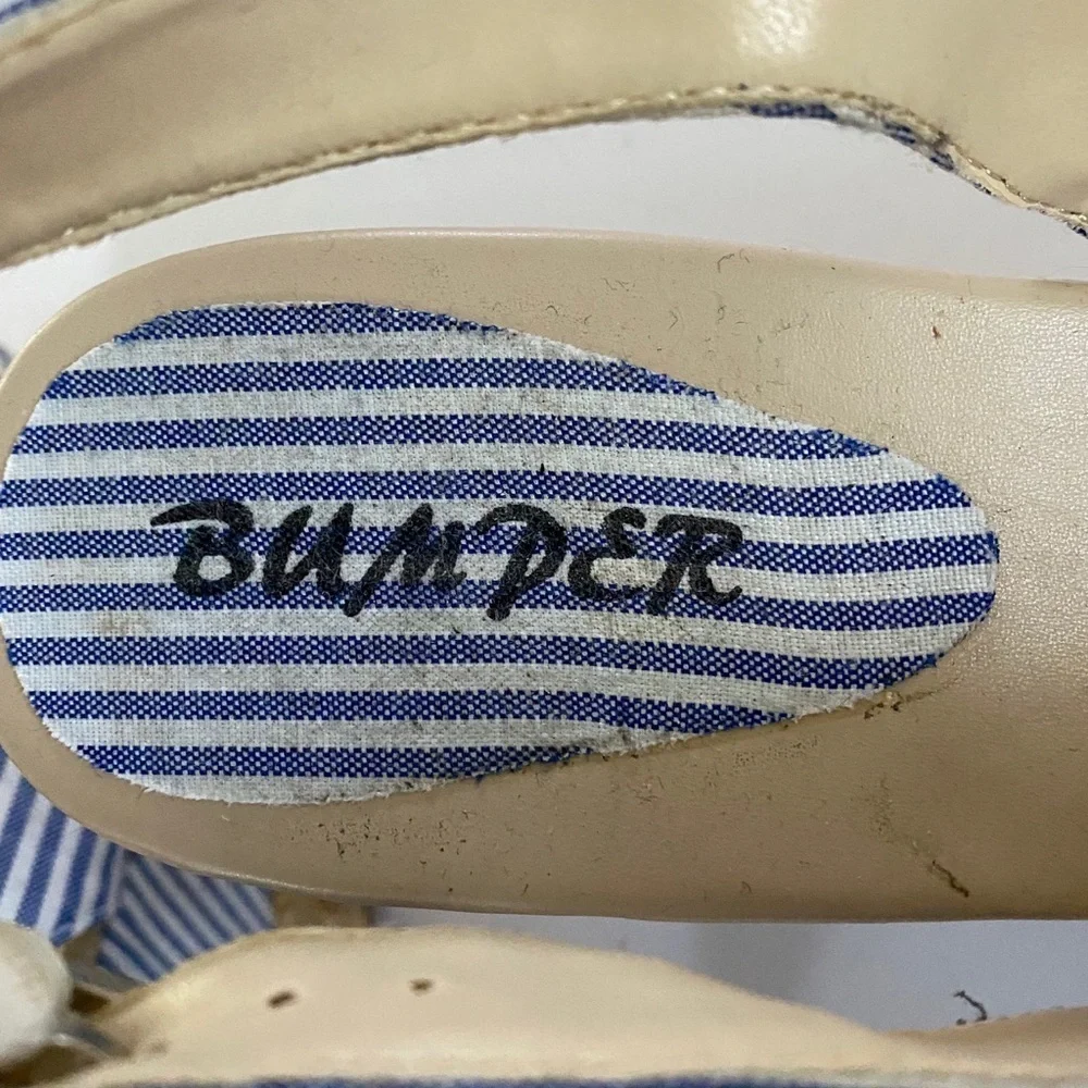 Bumper blue/white striped wedges with buckle, Sz 8